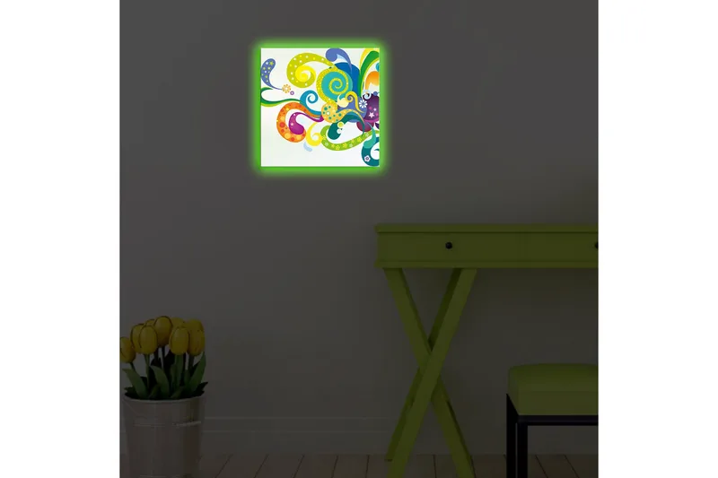 Lerretsbilde med LED-belysning 28x28 cm - Fargerik abstrakt komposisjon med svingende former og spiraler - Grønn / Lilla / Gul - Interiør - Maleri & posters - Lerretsbilder