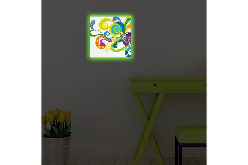 Lerretsbilde med LED-belysning 28x28 cm - Fargerik abstrakt komposisjon med svingende former og spiraler - Grønn / Lilla / Gul - Interiør - Maleri & posters - Lerretsbilder