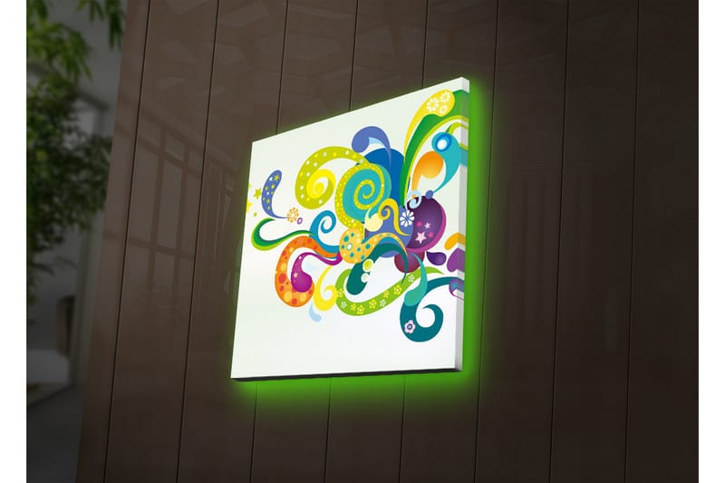 Lerretsbilde med LED-belysning 28x28 cm - Fargerik abstrakt komposisjon med svingende former og spiraler - Grønn / Lilla / Gul - Interiør - Maleri & posters - Lerretsbilder