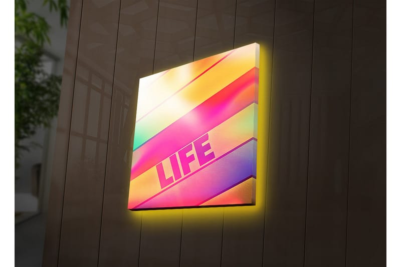 Lerretsbilde med LED-belysning 28x28 cm - Fargerik abstrakt komposisjon med teksten LIFE, Rosa / Gul / Grønn