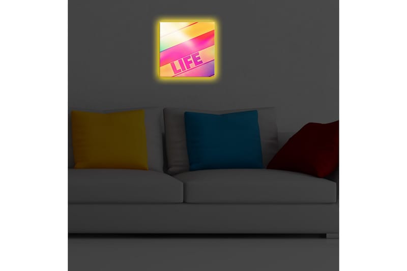 Lerretsbilde med LED-belysning 28x28 cm - Fargerik abstrakt komposisjon med teksten LIFE - Rosa / Gul / Grønn - Interiør - Maleri & posters - Lerretsbilder