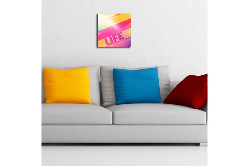 Lerretsbilde med LED-belysning 28x28 cm - Fargerik abstrakt komposisjon med teksten LIFE - Rosa / Gul / Grønn - Interiør - Maleri & posters - Lerretsbilder