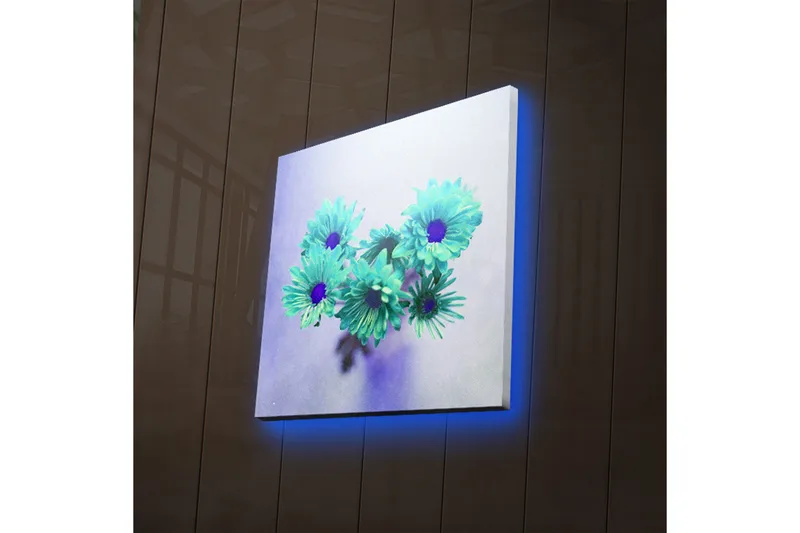 Lerretsbilde med LED-belysning 28x28 cm - Fargerik blomsterbukett i turkise nyanser - Turkis / Lilla - Interiør - Maleri & posters - Lerretsbilder