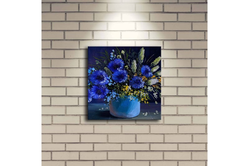 Lerretsbilde med LED-belysning 28x28 cm - Fargerik blomsterbukett i vase - Blå / Grønn / Gul - Interiør - Maleri & posters - Lerretsbilder