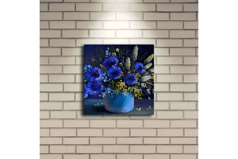 Lerretsbilde med LED-belysning 28x28 cm - Fargerik blomsterbukett i vase - Blå / Grønn / Gul - Interiør - Maleri & posters - Lerretsbilder