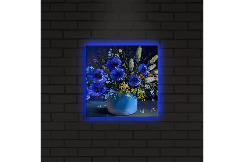 Lerretsbilde med LED-belysning 28x28 cm - Fargerik blomsterbukett i vase - Blå / Grønn / Gul - Interiør - Maleri & posters - Lerretsbilder