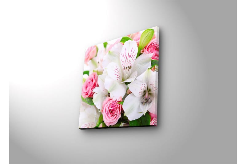 Lerretsbilde med LED-belysning 28x28 cm - Fargerik bukett med roser og liljer - Rosa / Hvit / Grønn - Interiør - Maleri & posters - Lerretsbilder