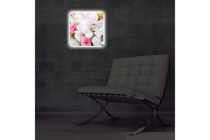 Lerretsbilde med LED-belysning 28x28 cm - Fargerik bukett med roser og liljer - Rosa / Hvit / Grønn - Interiør - Maleri & posters - Lerretsbilder