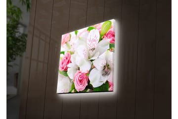 Lerretsbilde med LED-belysning 28x28 cm - Fargerik bukett med roser og liljer - Rosa / Hvit / Grønn - Interiør - Maleri & posters - Lerretsbilder