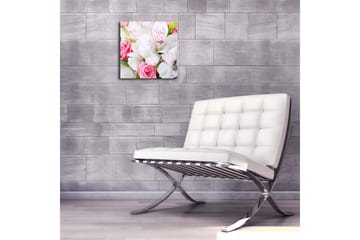 Lerretsbilde med LED-belysning 28x28 cm - Fargerik bukett med roser og liljer - Rosa / Hvit / Grønn - Interiør - Maleri & posters - Lerretsbilder