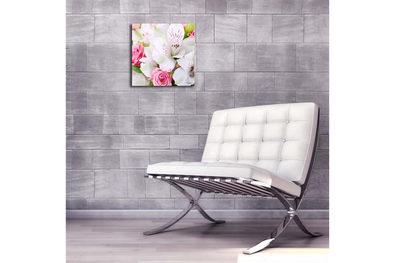 Lerretsbilde med LED-belysning 28x28 cm - Fargerik bukett med roser og liljer - Rosa / Hvit / Grønn - Interiør - Maleri & posters - Lerretsbilder