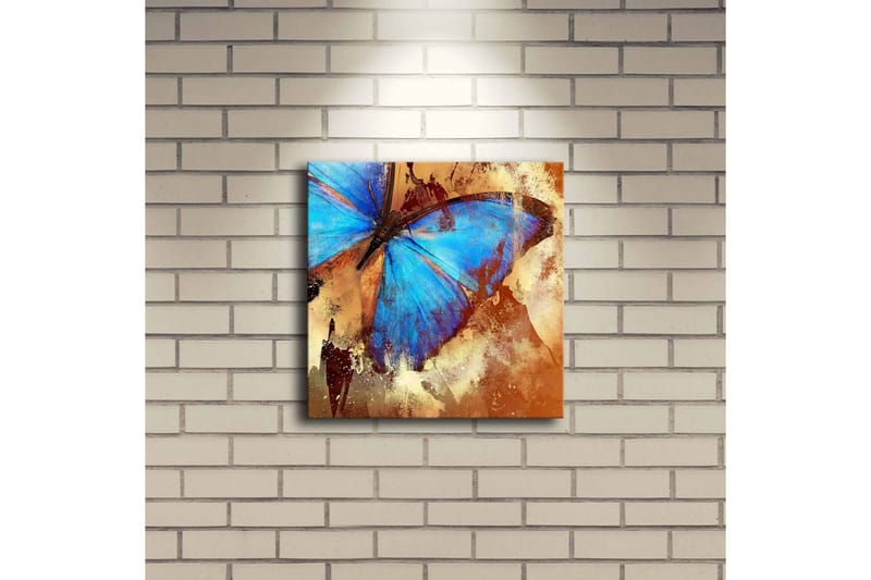 Lerretsbilde med LED-belysning 28x28 cm - Fargerik sommerfugl med blå vinger - Blå / Oransje / Beige - Interiør - Maleri & posters - Lerretsbilder