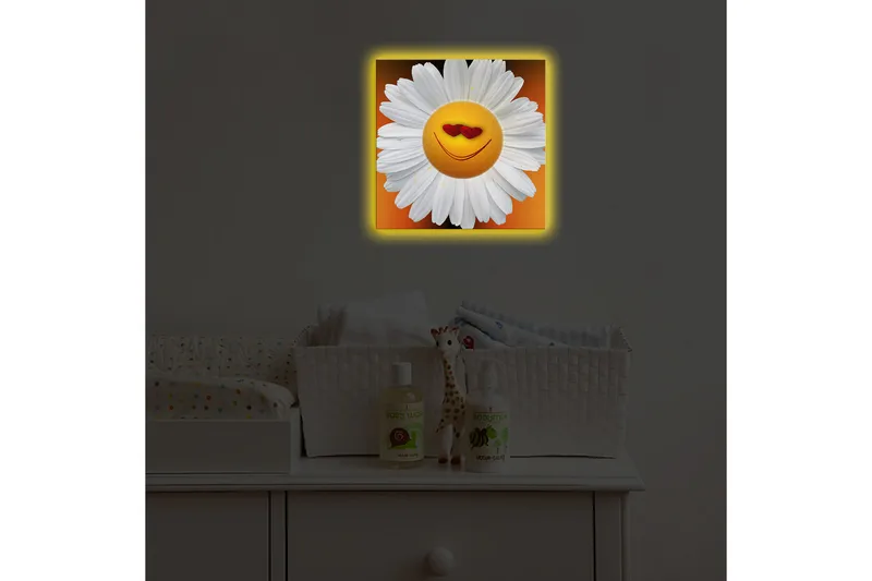 Lerretsbilde med LED-belysning 28x28 cm - Glad blomst med smilende ansikt og hjerteformede øyne - Hvit / Oransje / Gul - Interiør - Maleri & posters - Lerretsbilder