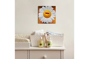 Lerretsbilde med LED-belysning 28x28 cm - Glad blomst med smilende ansikt og hjerteformede øyne - Hvit / Oransje / Gul - Interiør - Maleri & posters - Lerretsbilder