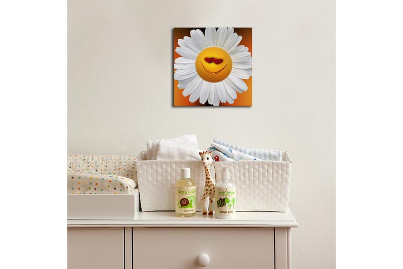 Lerretsbilde med LED-belysning 28x28 cm - Glad blomst med smilende ansikt og hjerteformede øyne - Hvit / Oransje / Gul - Interiør - Maleri & posters - Lerretsbilder