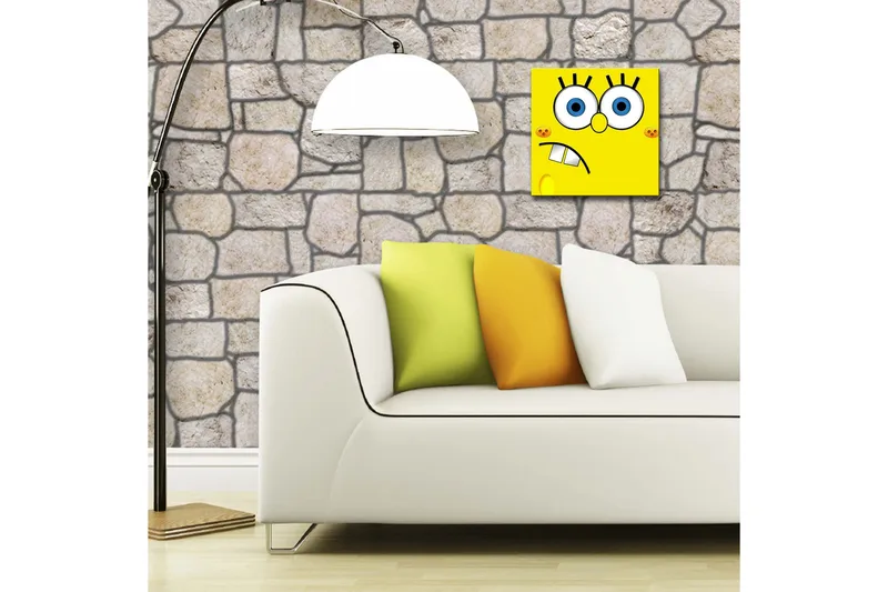 Lerretsbilde med LED-belysning 28x28 cm - Glad og uttrykksfull soppfigur med store øyne - Gul / Blå / Svart - Interiør - Maleri & posters - Lerretsbilder