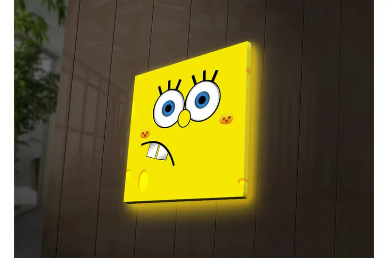 Lerretsbilde med LED-belysning 28x28 cm - Glad og uttrykksfull soppfigur med store øyne - Gul / Blå / Svart - Interiør - Maleri & posters - Lerretsbilder