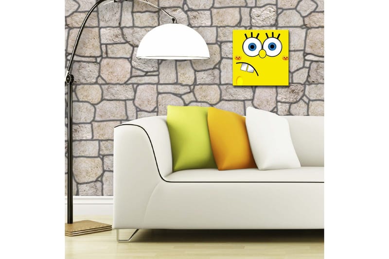 Lerretsbilde med LED-belysning 28x28 cm - Glad og uttrykksfull soppfigur med store øyne - Gul / Blå / Svart - Interiør - Maleri & posters - Lerretsbilder