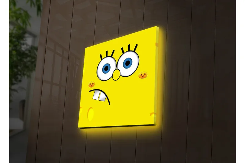 Lerretsbilde med LED-belysning 28x28 cm - Glad og uttrykksfull soppfigur med store øyne - Gul / Blå / Svart - Interiør - Maleri & posters - Lerretsbilder