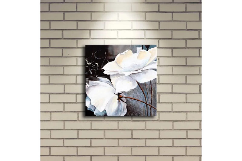 Lerretsbilde med LED-belysning 28x28 cm - Hvite blomster med elegante detaljer - Hvit / Grå / Brun - Interiør - Maleri & posters - Lerretsbilder