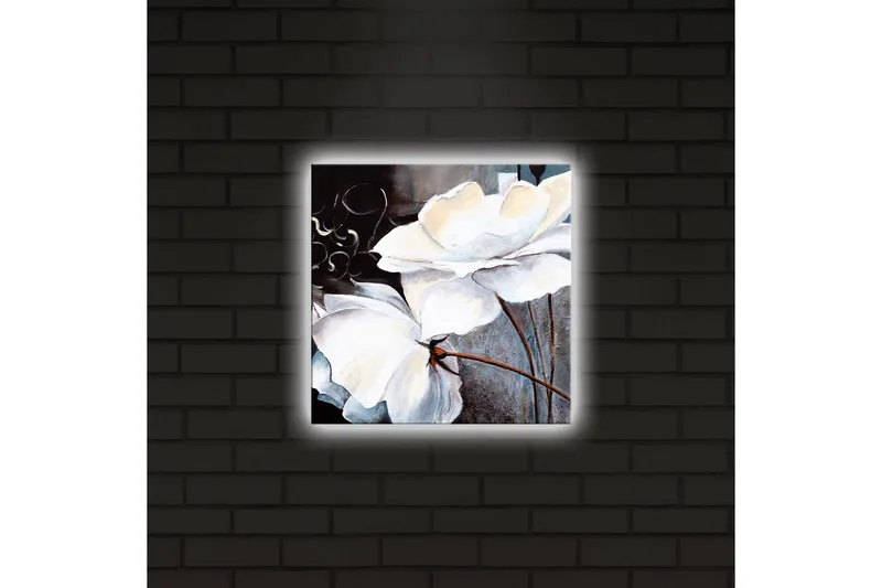 Lerretsbilde med LED-belysning 28x28 cm - Hvite blomster med elegante detaljer - Hvit / Grå / Brun - Interiør - Maleri & posters - Lerretsbilder