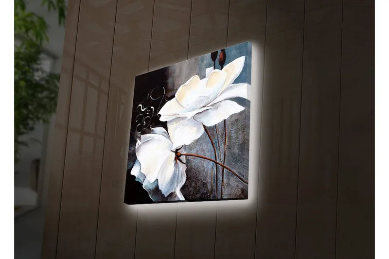Lerretsbilde med LED-belysning 28x28 cm - Hvite blomster med elegante detaljer, Hvit / Grå / Brun
