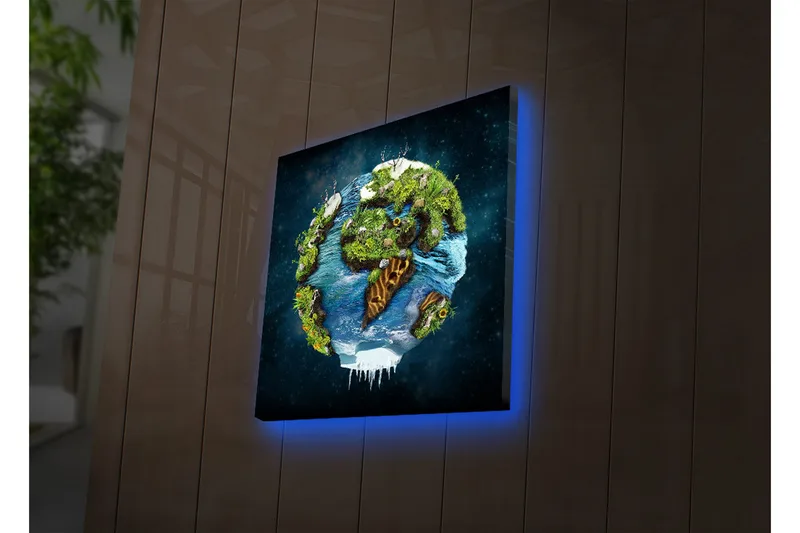 Lerretsbilde med LED-belysning 28x28 cm - Jorden med frodige landskap og vannflater - Grønn / Blå / Brun - Interiør - Maleri & posters - Lerretsbilder