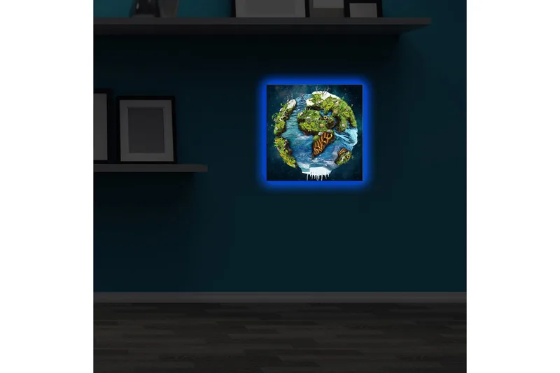 Lerretsbilde med LED-belysning 28x28 cm - Jorden med frodige landskap og vannflater - Grønn / Blå / Brun - Interiør - Maleri & posters - Lerretsbilder