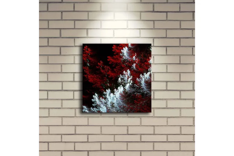 Lerretsbilde med LED-belysning 28x28 cm - Lys og mørk skog med røde og hvite elementer - Rød / Hvit - Interiør - Maleri & posters - Lerretsbilder