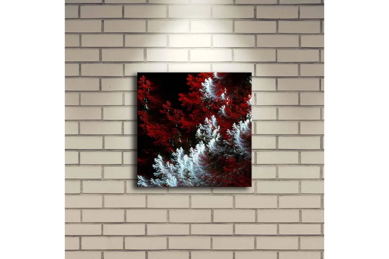 Lerretsbilde med LED-belysning 28x28 cm - Lys og mørk skog med røde og hvite elementer - Rød / Hvit - Interiør - Maleri & posters - Lerretsbilder