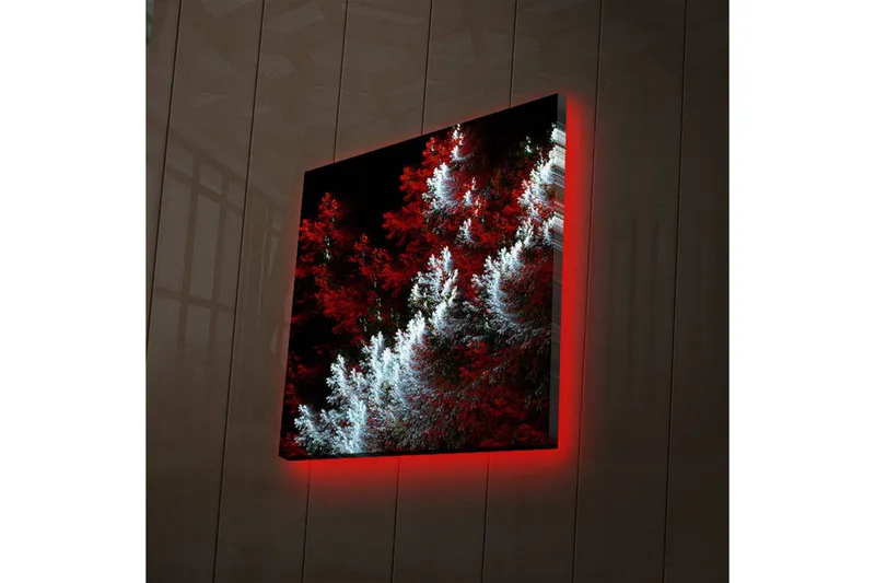 Lerretsbilde med LED-belysning 28x28 cm - Lys og mørk skog med røde og hvite elementer - Rød / Hvit - Interiør - Maleri & posters - Lerretsbilder