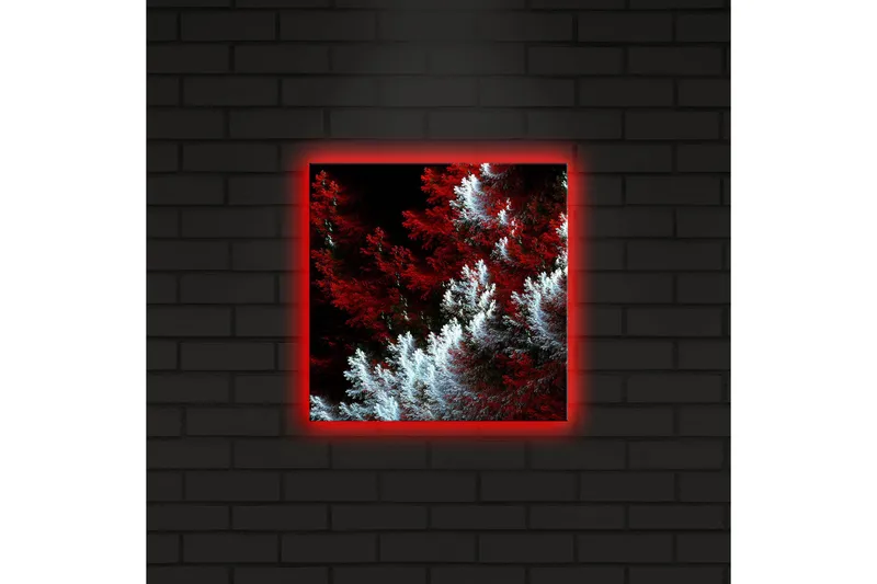 Lerretsbilde med LED-belysning 28x28 cm - Lys og mørk skog med røde og hvite elementer - Rød / Hvit - Interiør - Maleri & posters - Lerretsbilder