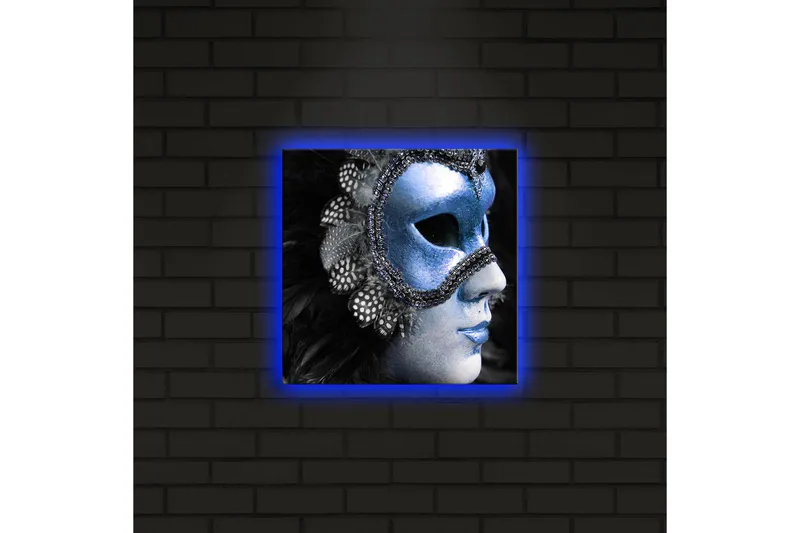 Lerretsbilde med LED-belysning 28x28 cm - Maskert kvinne med glitrende blå maske - Blå / Svart - Interiør - Maleri & posters - Lerretsbilder