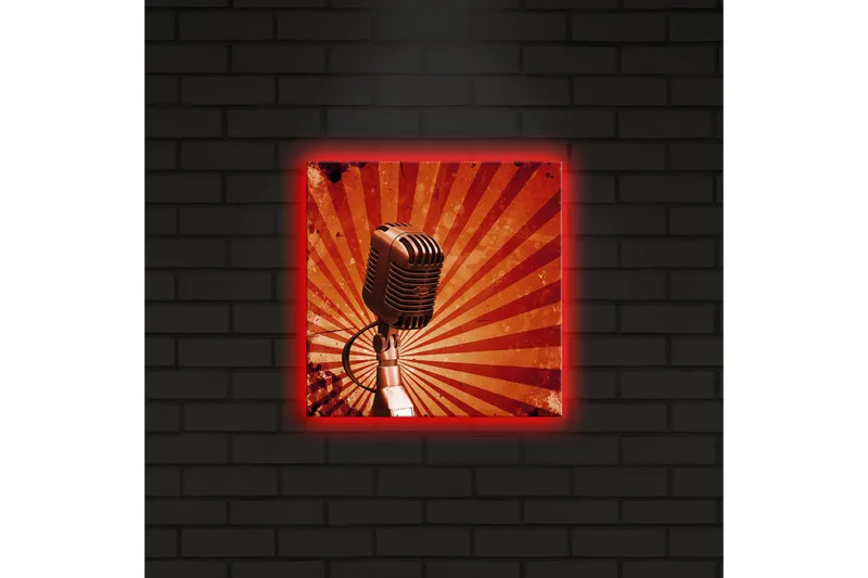 Lerretsbilde med LED-belysning 28x28 cm - Mikrofon med stråler i bakgrunnen - Rød / Svart / Grå - Interiør - Maleri & posters - Lerretsbilder