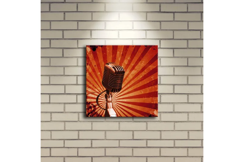 Lerretsbilde med LED-belysning 28x28 cm - Mikrofon med stråler i bakgrunnen - Rød / Svart / Grå - Interiør - Maleri & posters - Lerretsbilder