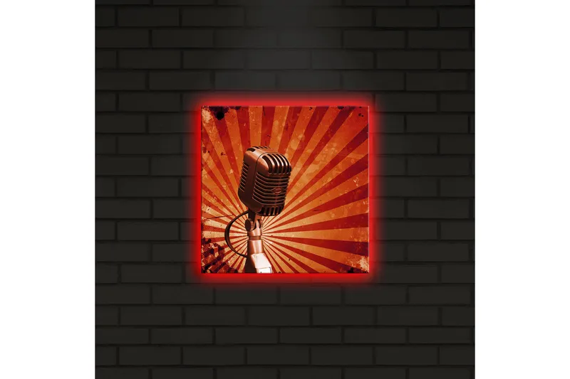 Lerretsbilde med LED-belysning 28x28 cm - Mikrofon med stråler i bakgrunnen - Rød / Svart / Grå - Interiør - Maleri & posters - Lerretsbilder
