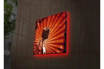 Lerretsbilde med LED-belysning 28x28 cm - Mikrofon med stråler i bakgrunnen - Rød / Svart / Grå - Interiør - Maleri & posters - Lerretsbilder