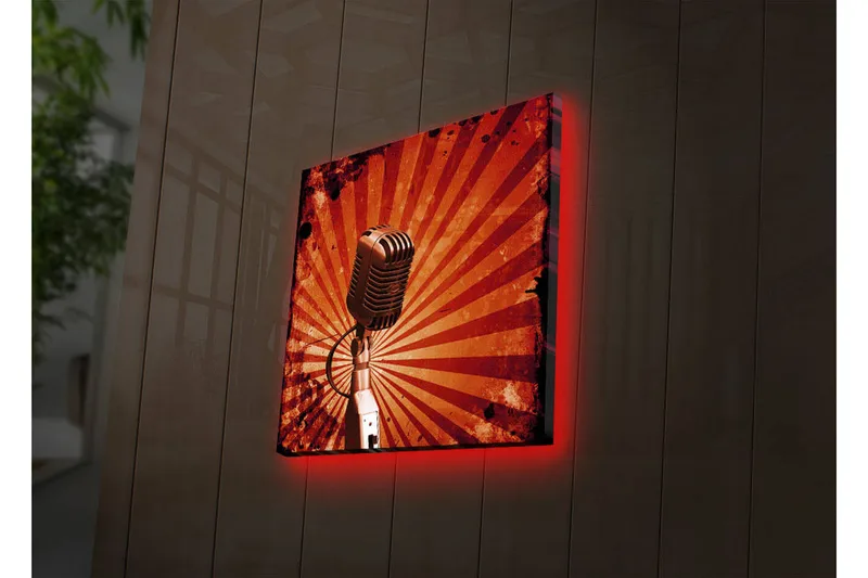 Lerretsbilde med LED-belysning 28x28 cm - Mikrofon med stråler i bakgrunnen - Rød / Svart / Grå - Interiør - Maleri & posters - Lerretsbilder