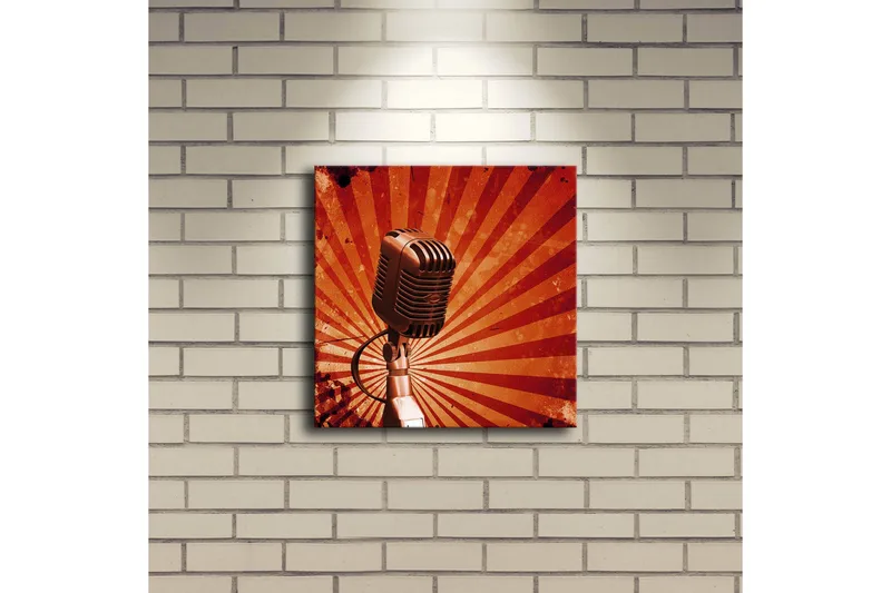 Lerretsbilde med LED-belysning 28x28 cm - Mikrofon med stråler i bakgrunnen - Rød / Svart / Grå - Interiør - Maleri & posters - Lerretsbilder