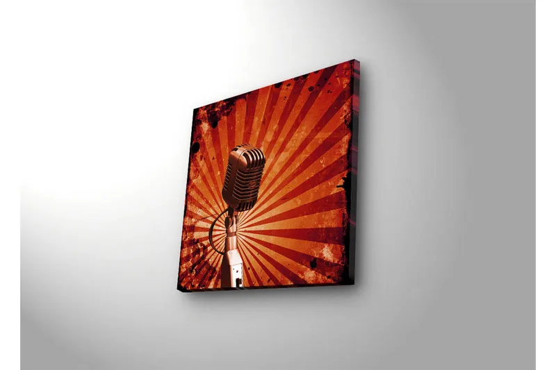 Lerretsbilde med LED-belysning 28x28 cm - Mikrofon med stråler i bakgrunnen - Rød / Svart / Grå - Interiør - Maleri & posters - Lerretsbilder
