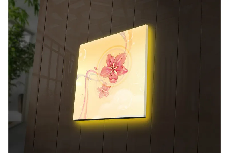 Lerretsbilde med LED-belysning 28x28 cm - Rosa blomster i en myk og lys komposisjon - Rosa / Gul / Beige - Interiør - Maleri & posters - Lerretsbilder