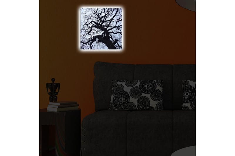 Lerretsbilde med LED-belysning 28x28 cm - Silhuett av et tre mot en lys bakgrunn - Svart / Blå / Hvit - Interiør - Maleri & posters - Lerretsbilder