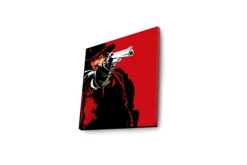 Lerretsbilde med LED-belysning 28x28 cm - Skarpt portrett av en revolvermann med en pistol i hånden - Rød / Svart - Interiør - Maleri & posters - Lerretsbilder