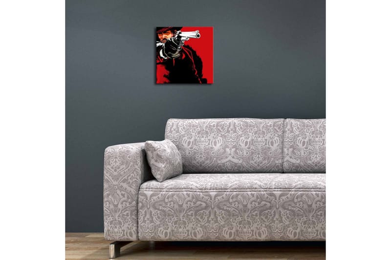 Lerretsbilde med LED-belysning 28x28 cm - Skarpt portrett av en revolvermann med en pistol i hånden - Rød / Svart - Interiør - Maleri & posters - Lerretsbilder