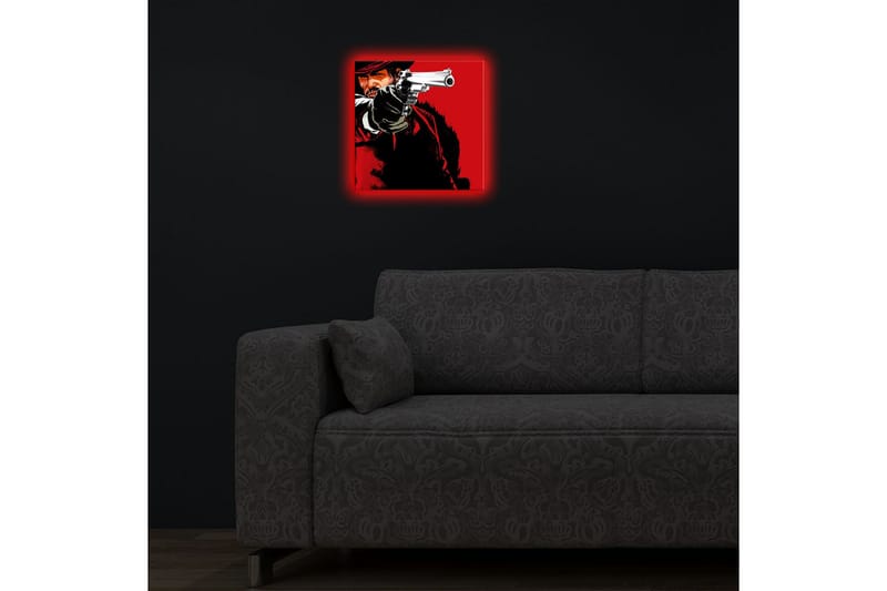 Lerretsbilde med LED-belysning 28x28 cm - Skarpt portrett av en revolvermann med en pistol i hånden - Rød / Svart - Interiør - Maleri & posters - Lerretsbilder