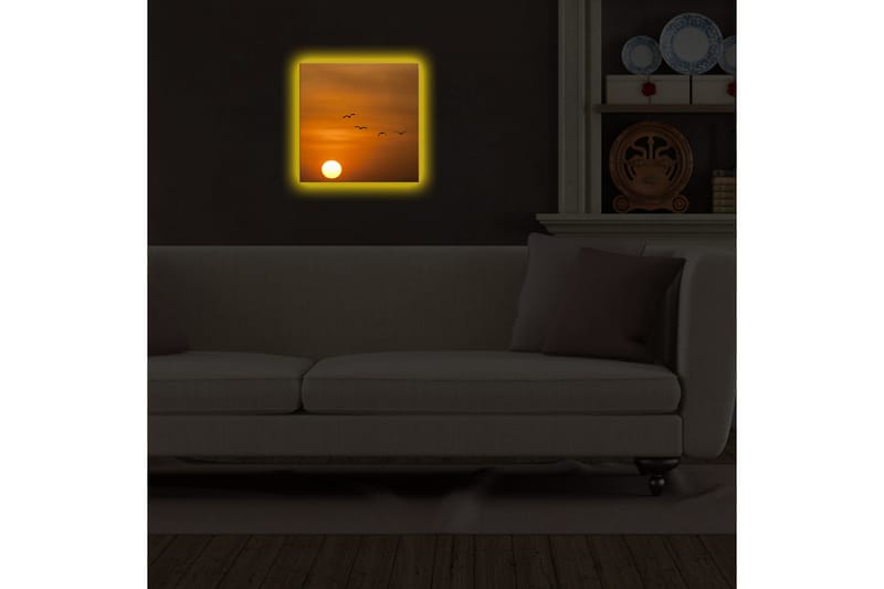 Lerretsbilde med LED-belysning 28x28 cm - Solnedgang med flygende fugler - Oransje / Gul / Svart - Interiør - Maleri & posters - Lerretsbilder