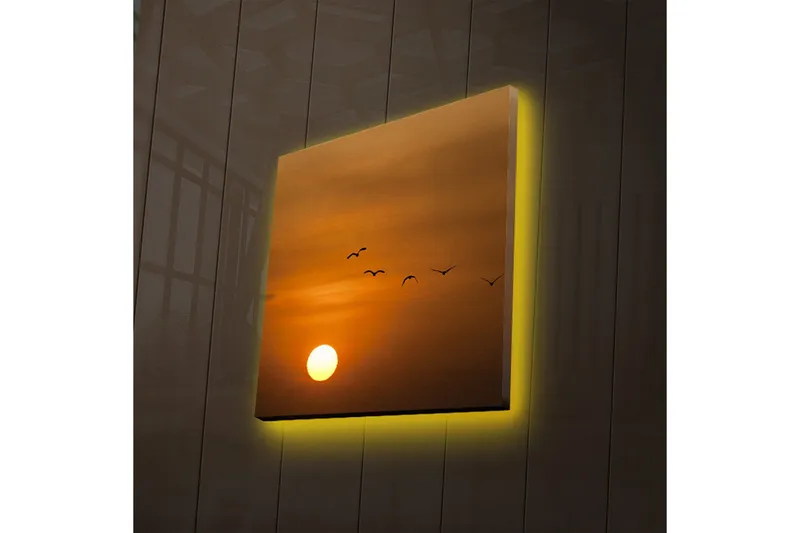 Lerretsbilde med LED-belysning 28x28 cm - Solnedgang med flygende fugler - Oransje / Gul / Svart - Interiør - Maleri & posters - Lerretsbilder