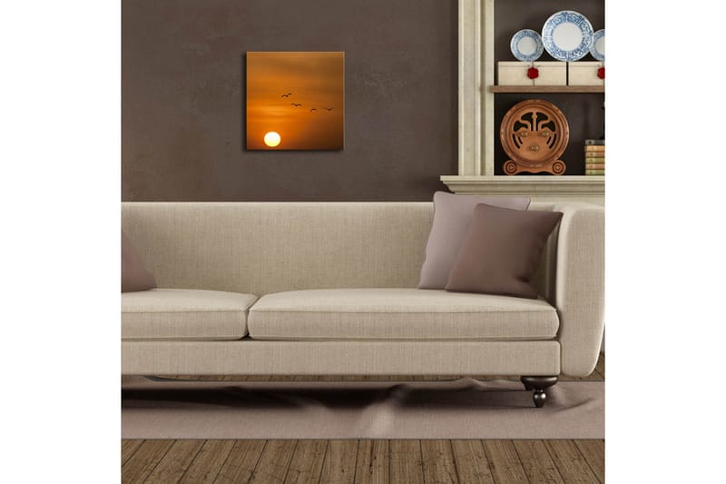 Lerretsbilde med LED-belysning 28x28 cm - Solnedgang med flygende fugler - Oransje / Gul / Svart - Interiør - Maleri & posters - Lerretsbilder