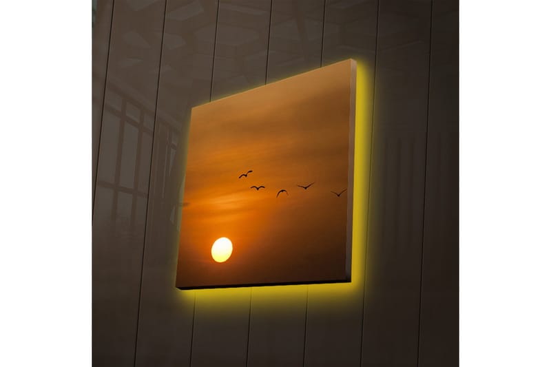Lerretsbilde med LED-belysning 28x28 cm - Solnedgang med flygende fugler - Oransje / Gul / Svart - Interiør - Maleri & posters - Lerretsbilder
