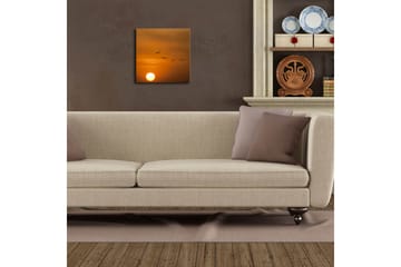 Lerretsbilde med LED-belysning 28x28 cm - Solnedgang med flygende fugler - Oransje / Gul / Svart - Interiør - Maleri & posters - Lerretsbilder